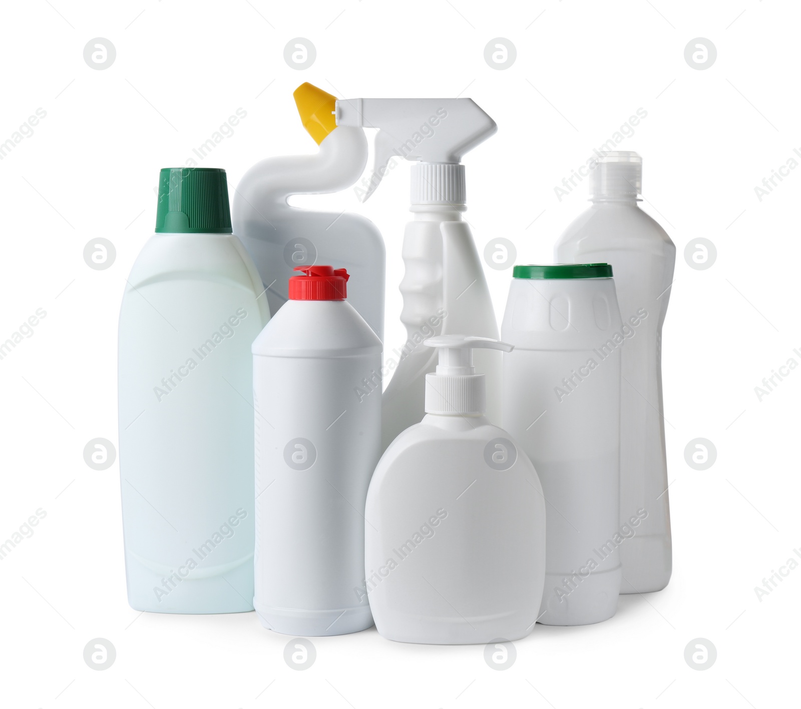 Photo of Bottles with different detergents on white background. Cleaning supplies