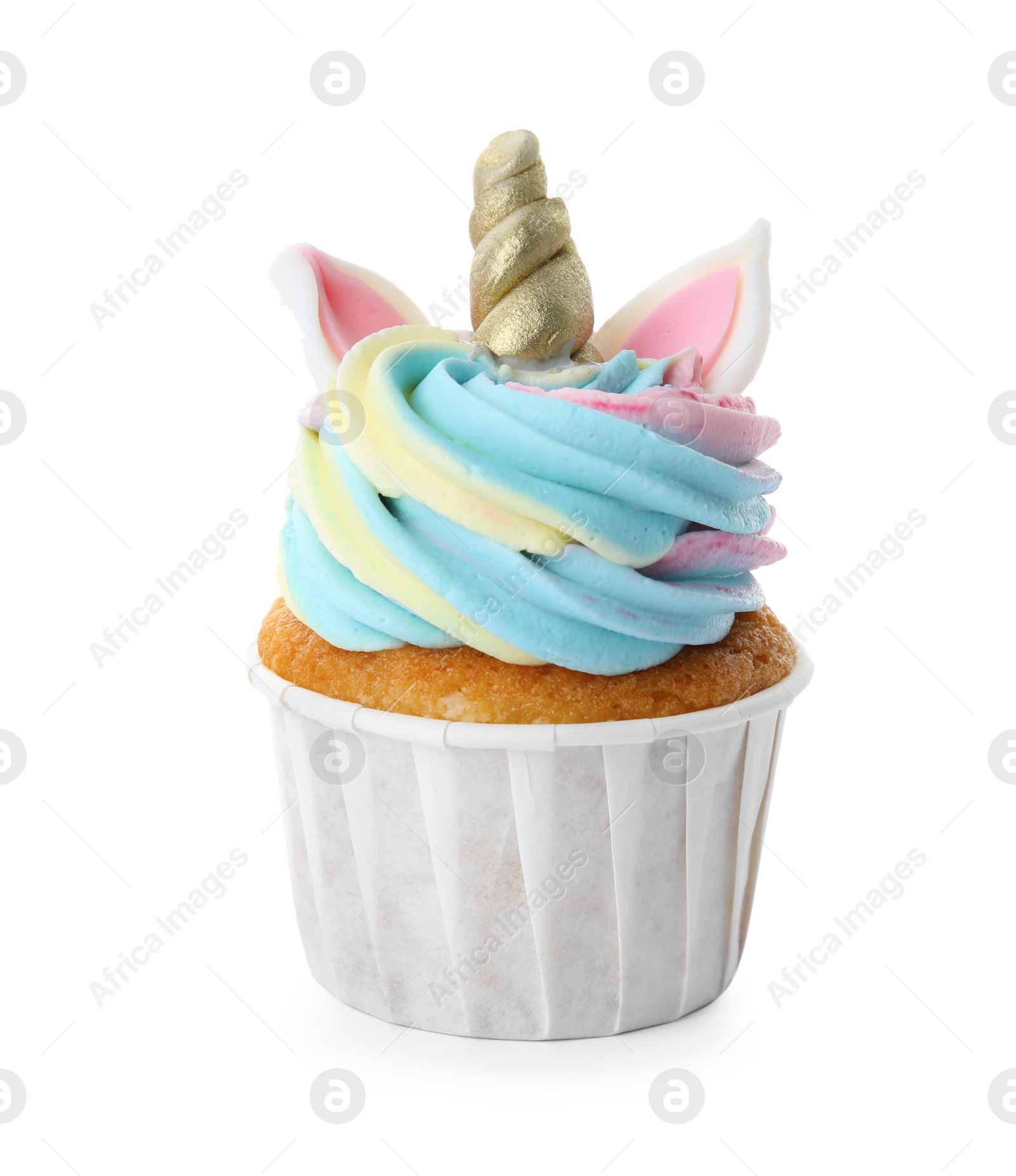 Photo of Cute sweet unicorn cupcake isolated on white