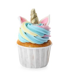 Photo of Cute sweet unicorn cupcake isolated on white