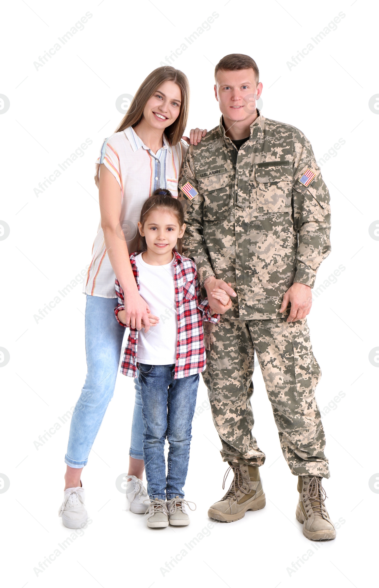 Photo of Male soldier with his family on white background. Military service