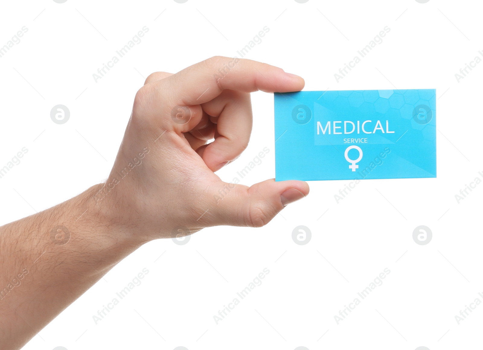 Photo of Man holding medical business card isolated on white, closeup. Women's health service