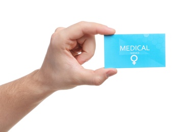 Man holding medical business card isolated on white, closeup. Women's health service