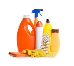 Photo of Set of cleaning supplies on white background