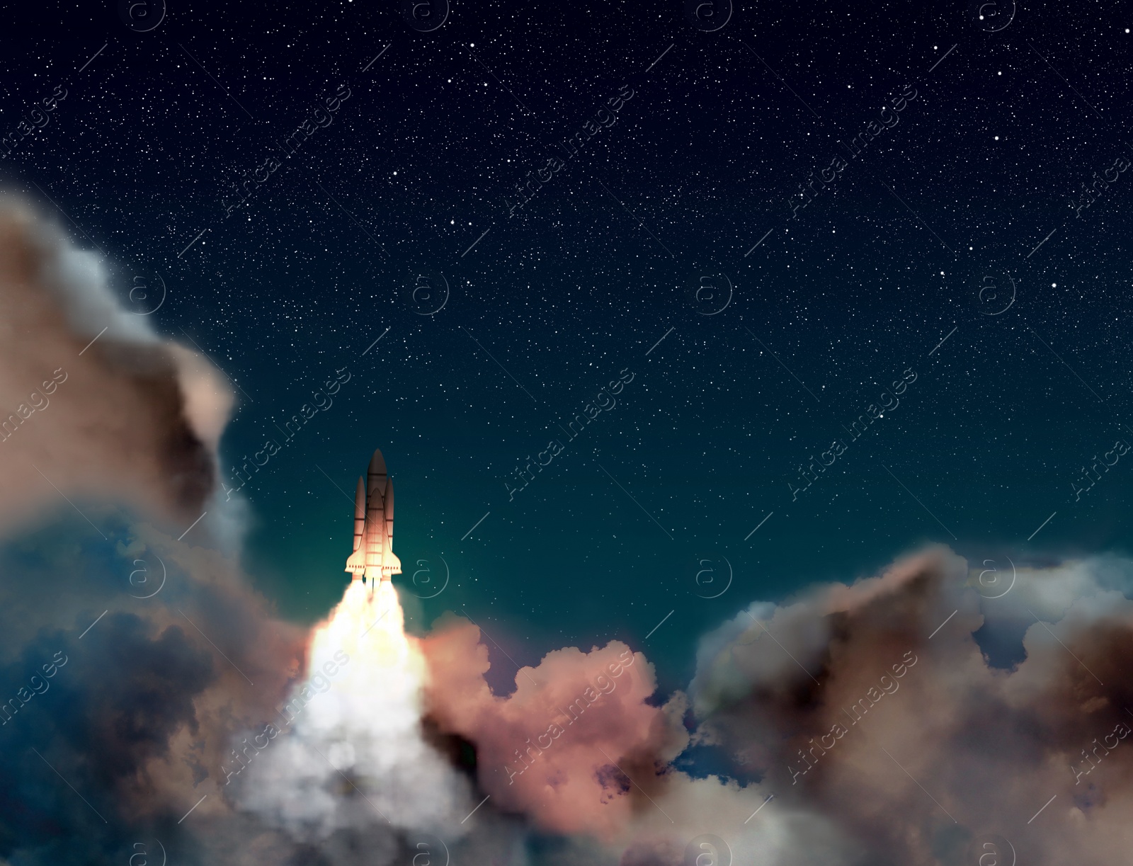 Image of Launched rocket in flight, night starry sky background. Space mission