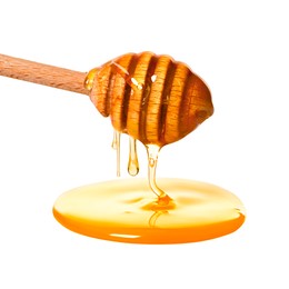 Image of Natural honey dripping from dipper on white background