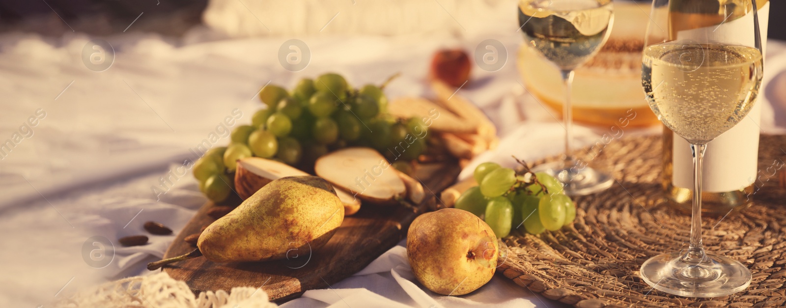 Image of Delicious food and wine on white picnic blanket. Banner design