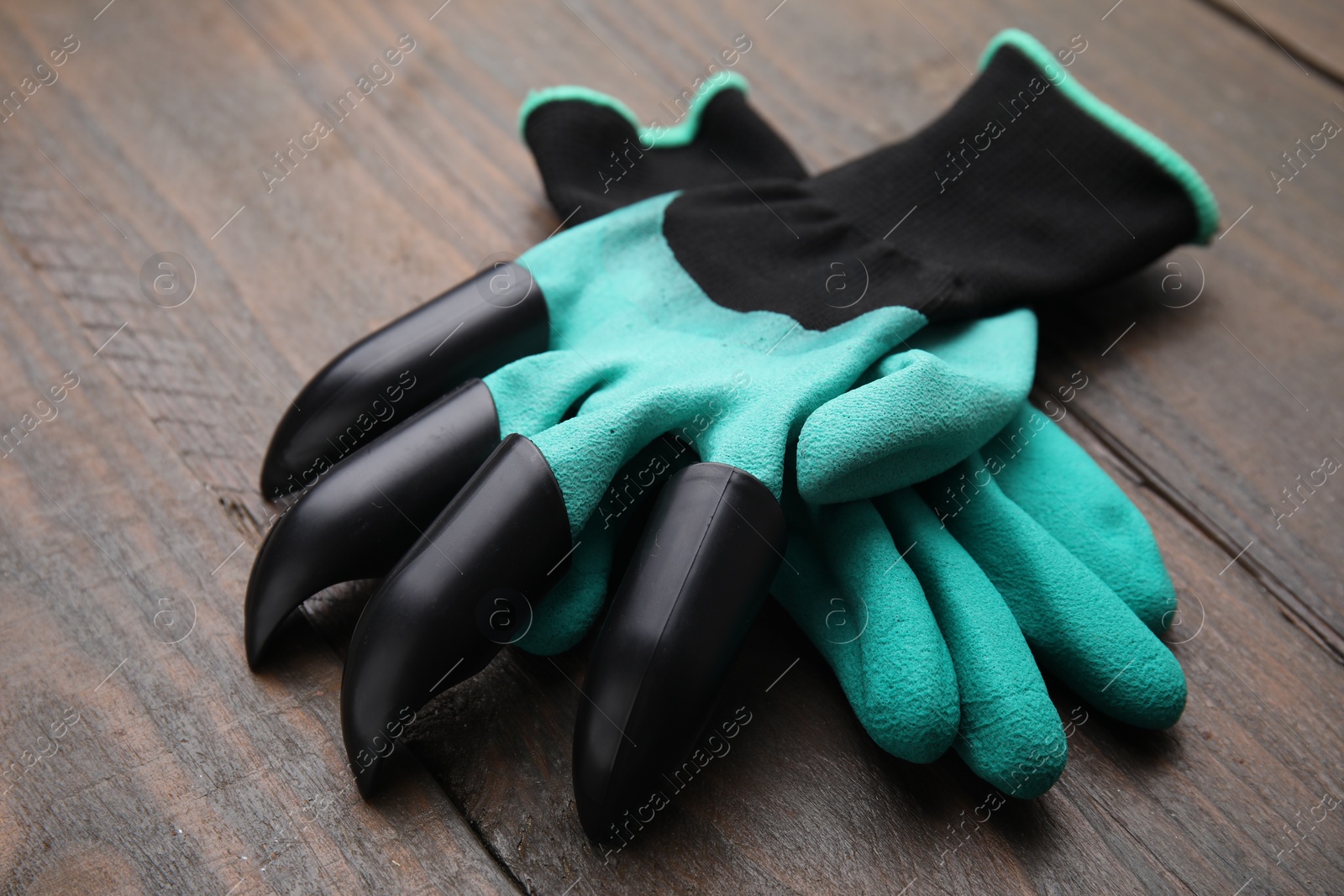 Photo of Pair of claw gardening gloves on wooden table, closeup