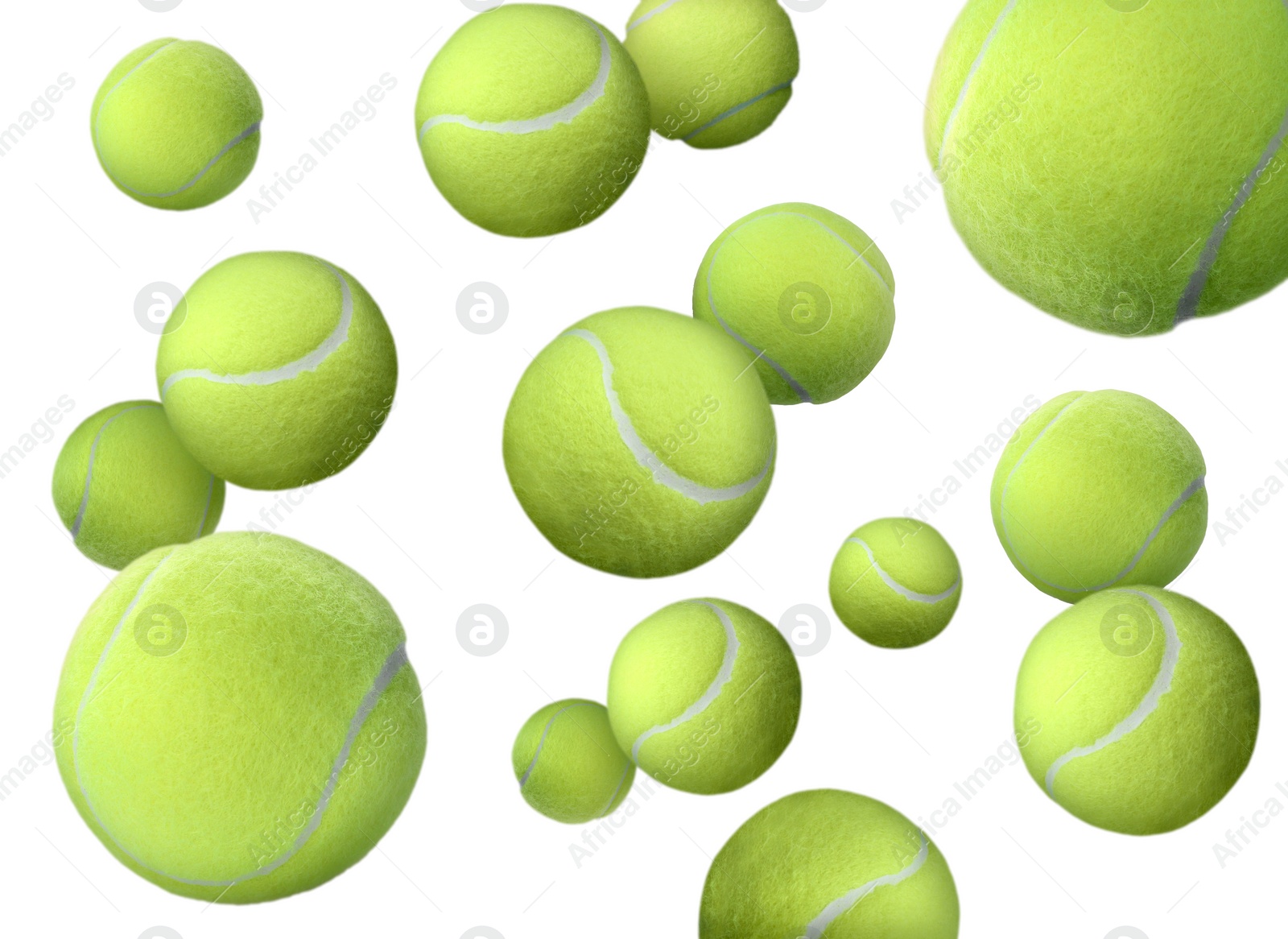 Image of Many tennis balls falling on white background