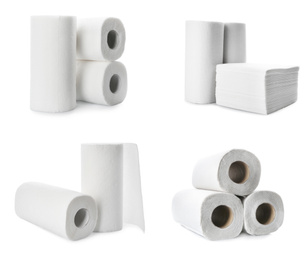 Set with rolls of paper tissues isolated on white