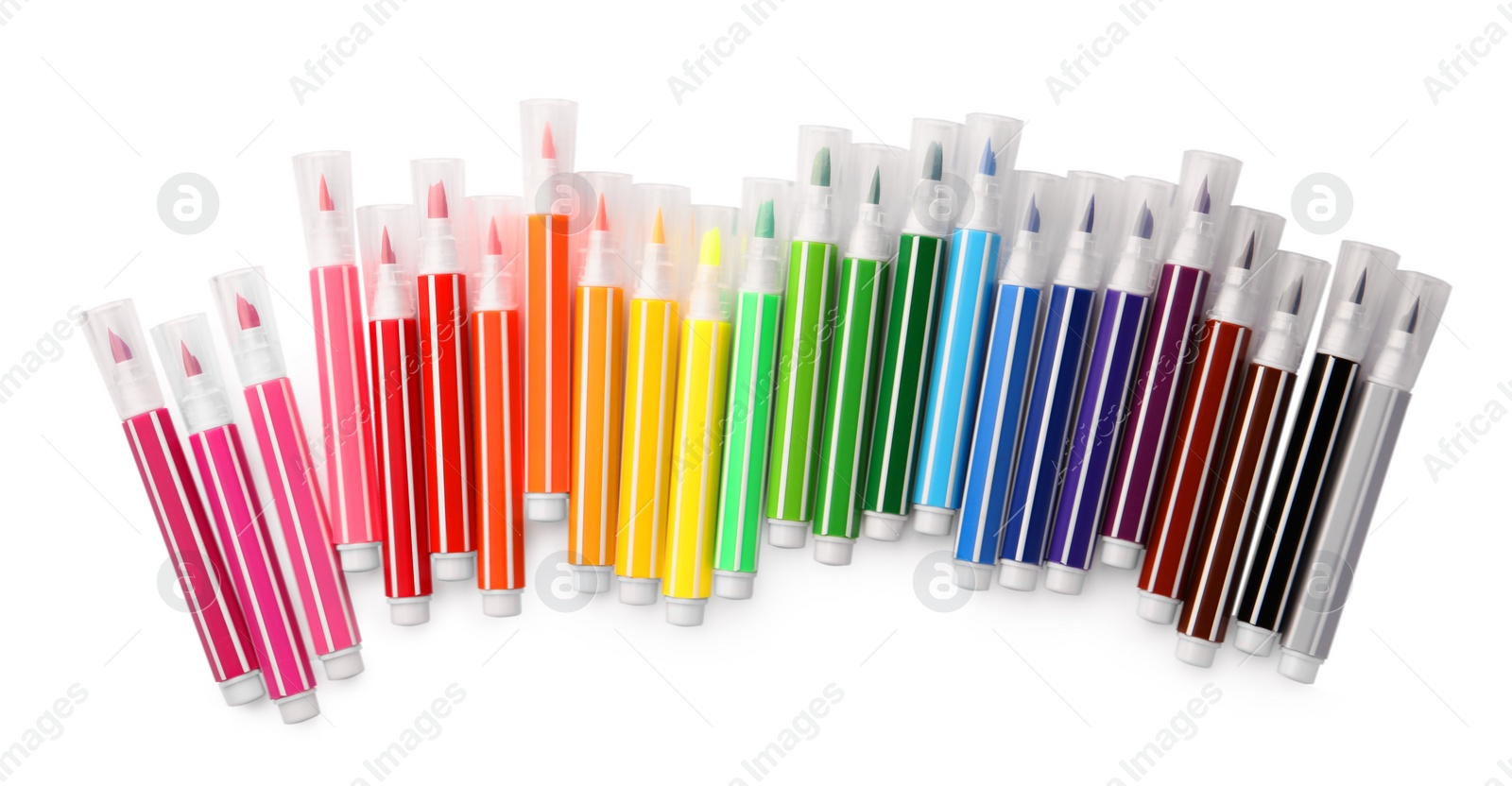 Photo of Many bright markers isolated on white, top view