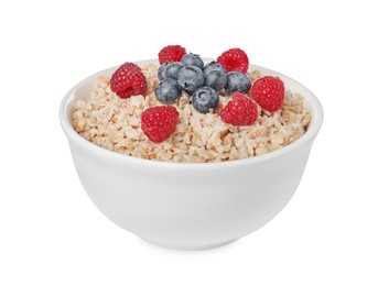 Tasty boiled oatmeal with berries in bowl isolated on white