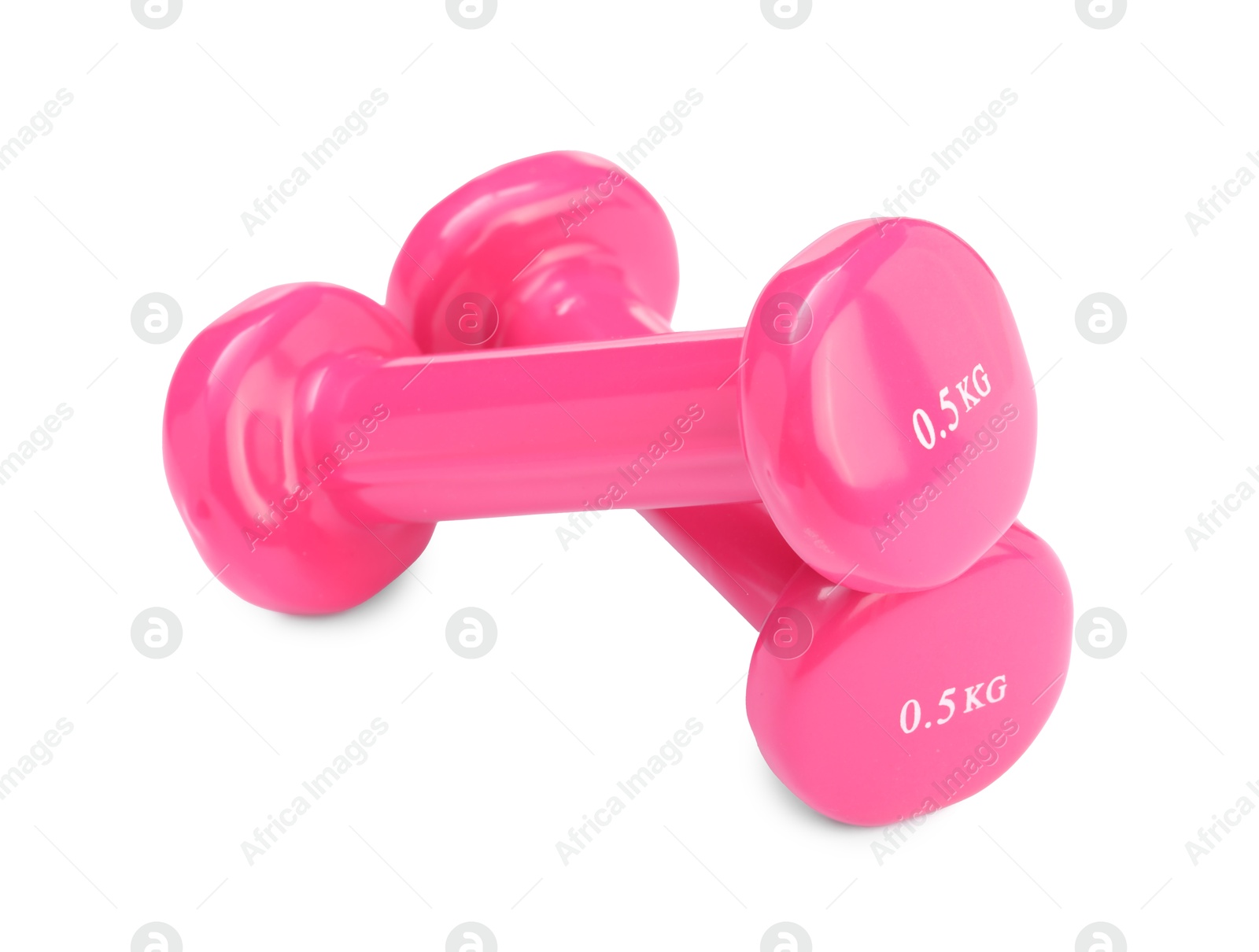 Photo of Pink dumbbells isolated on white. Sports equipment