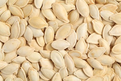 Photo of Many pumpkin seeds as background, top view