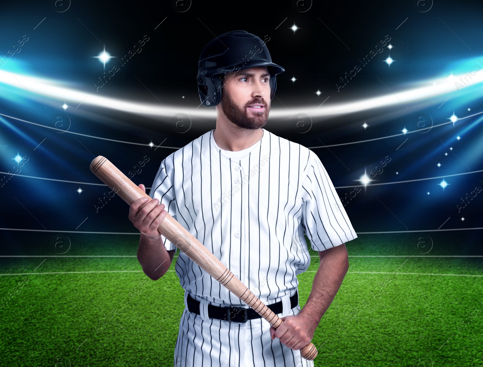 Image of Professional baseball player with bat on stadium