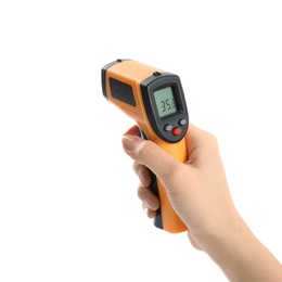 Photo of Woman with infrared thermometer on white background, closeup. Checking temperature during Covid-19 pandemic