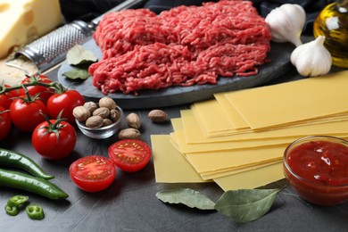 Fresh ingredients for lasagna on grey table