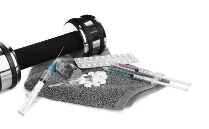 Photo of Different drugs, towel and sports equipment on white background. Doping control