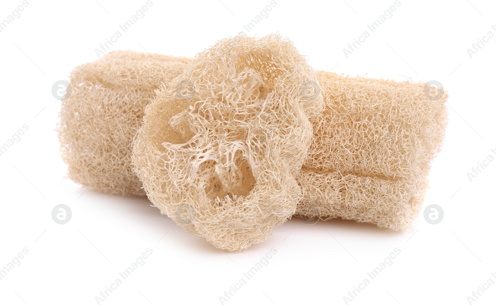 Photo of Loofah sponges isolated on white. Personal hygiene product