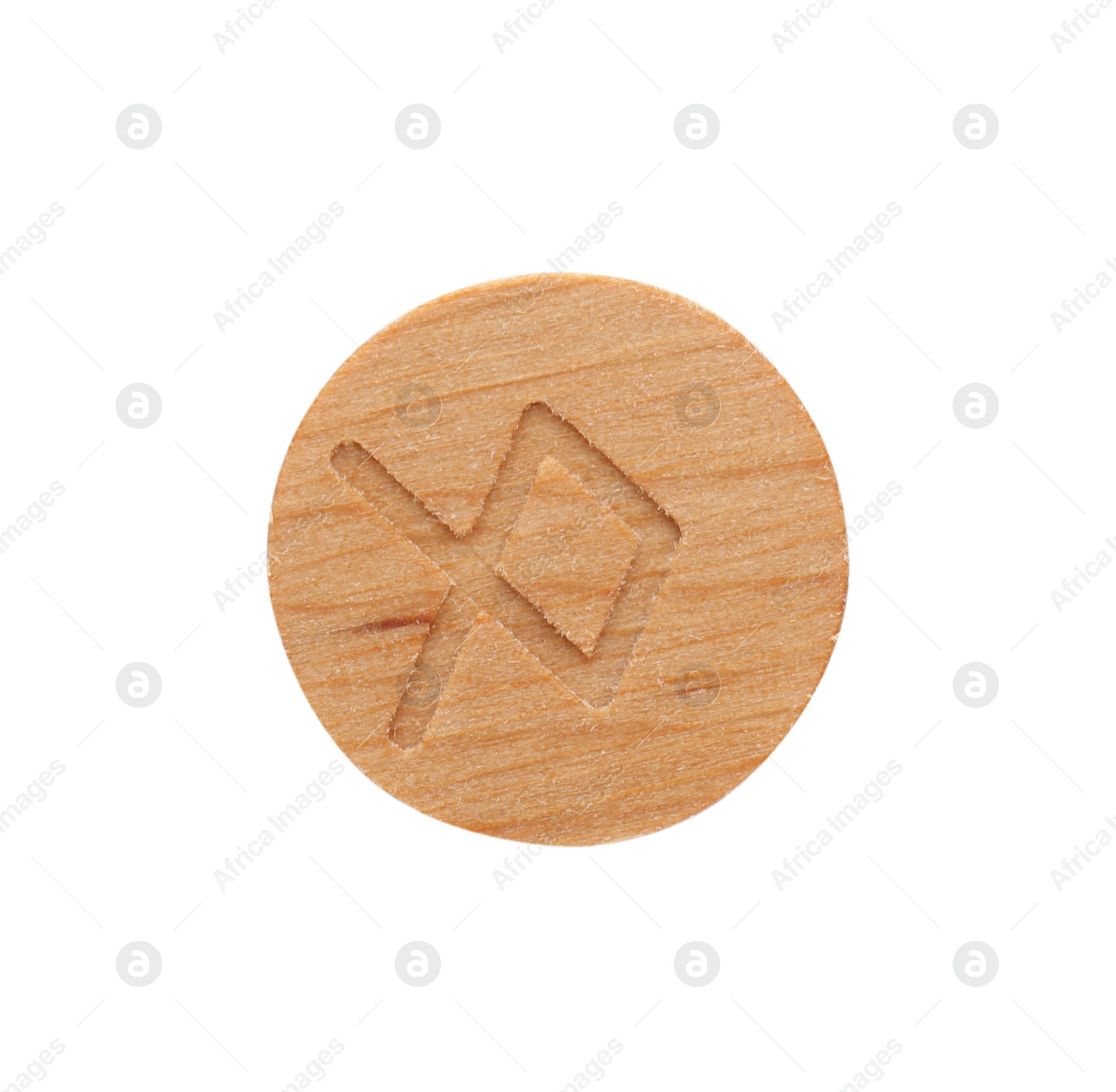 Photo of Wooden rune Othila isolated on white, top view