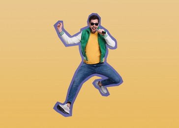 Image of Pop art poster. Man with microphone jumping while singing on orange gradient background, pin up style