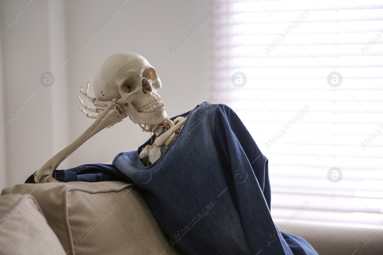 Photo of Human skeleton on sofa in living room