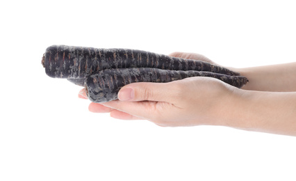Photo of Woman holding raw black carrots on white background, closeup