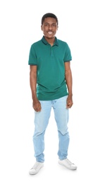 Full length portrait of African-American man on white background