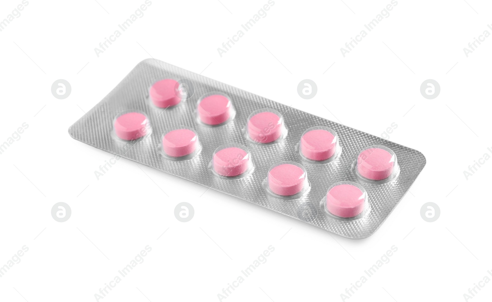 Photo of Blister of pills on white background. Medicinal treatment