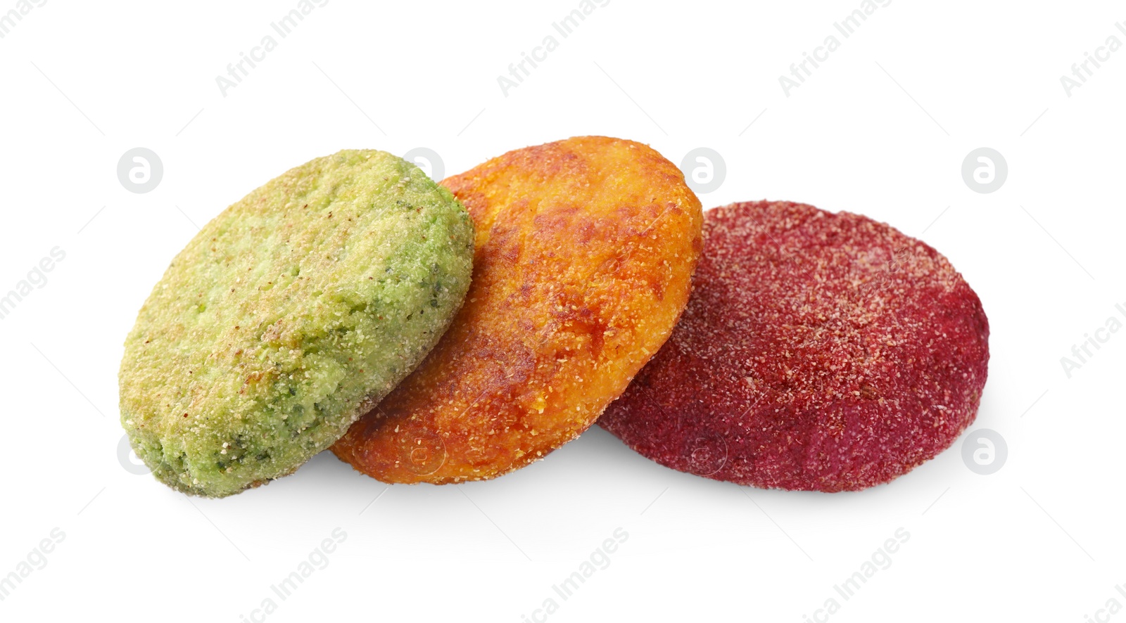 Photo of Different tasty vegan cutlets isolated on white