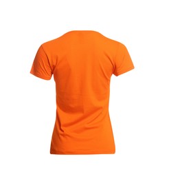 Photo of Stylish orange women's t-shirt isolated on white. Mockup for design