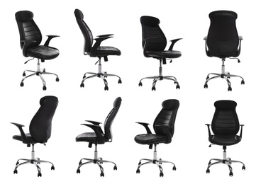 Image of Set with black office chairs with leather seats on white background