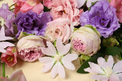 Photo of Different beautiful flowers on beige background, closeup