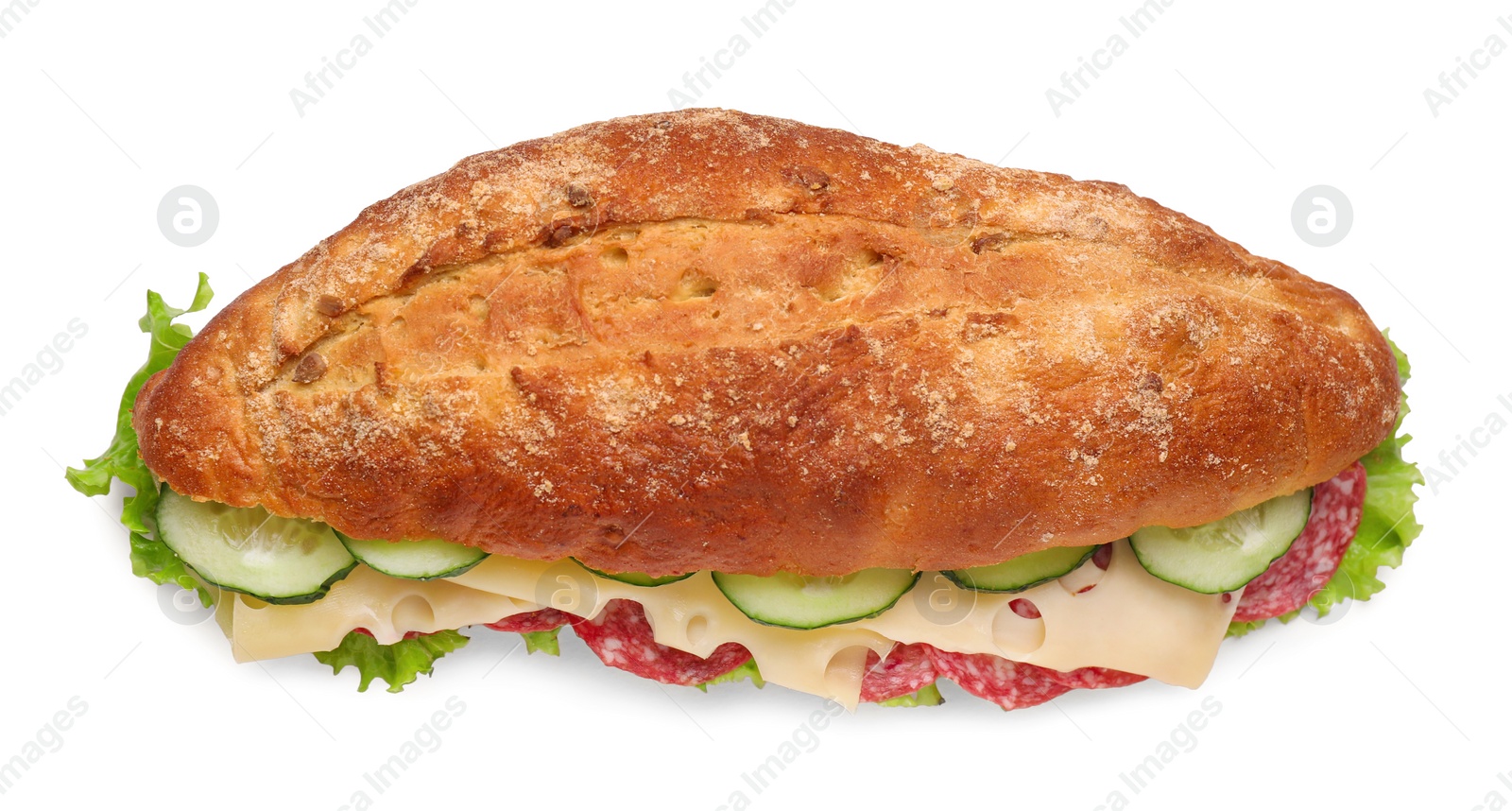 Photo of Delicious sandwich with cucumber, cheese, salami and lettuce leaves isolated on white