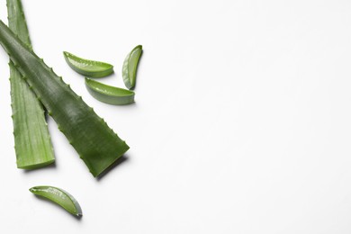 Photo of Cut aloe vera leaves on white background. Space for text