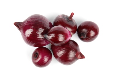 Fresh whole red onions on white background, top view