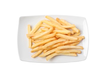 Photo of Tasty French fries on white background, top view