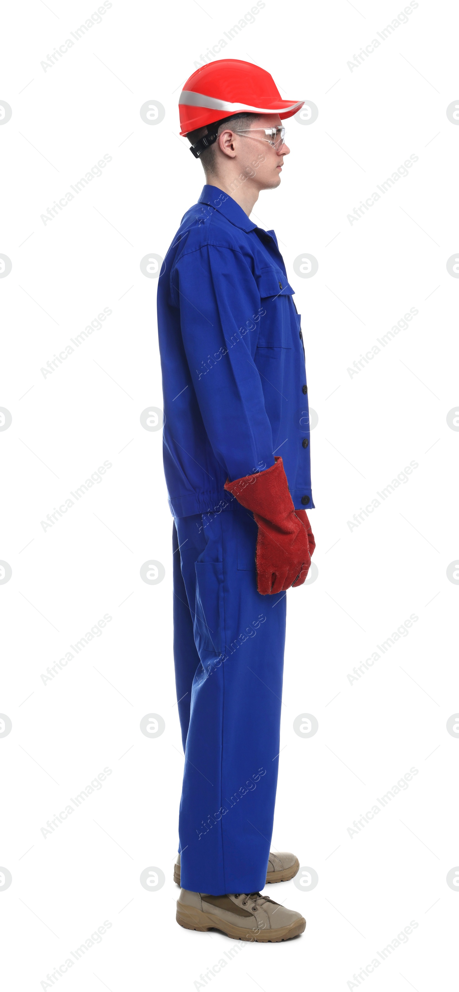 Photo of Young man wearing safety equipment on white background