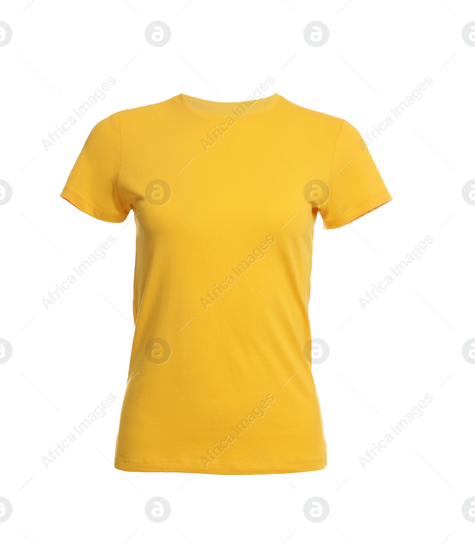 Photo of Stylish yellow women's t-shirt isolated on white. Mockup for design