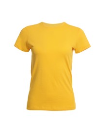 Photo of Stylish yellow women's t-shirt isolated on white. Mockup for design