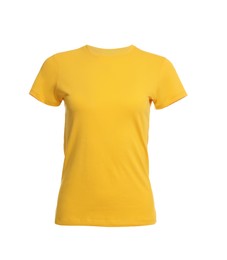 Stylish yellow women's t-shirt isolated on white. Mockup for design