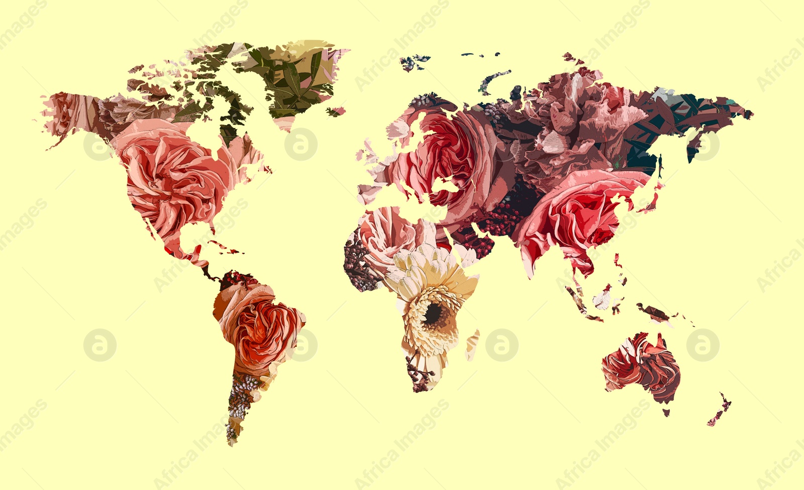 Image of World map made of beautiful flowers on yellow background, banner design