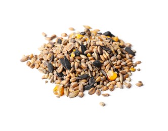 Photo of Pile of different vegetable seeds on white background