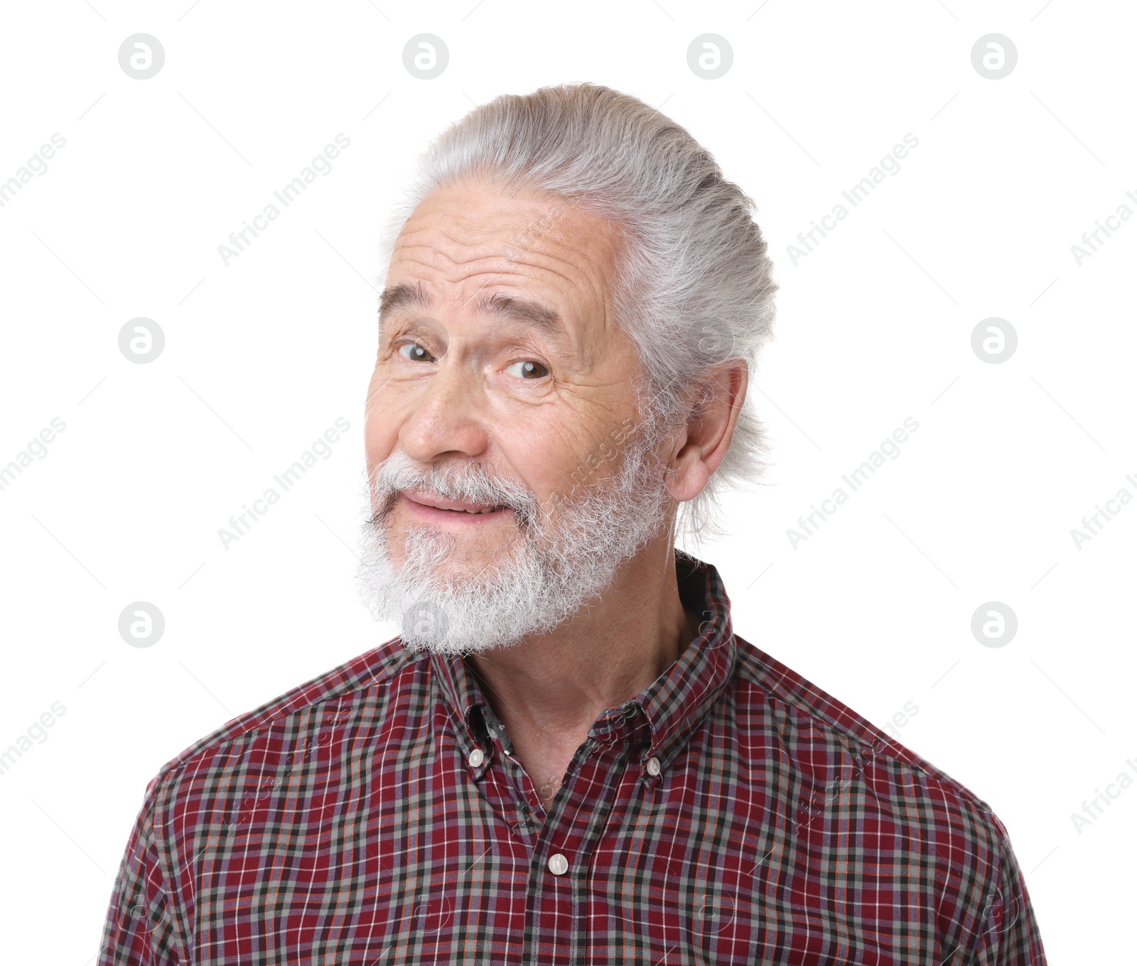 Photo of Portrait of happy grandpa on white background