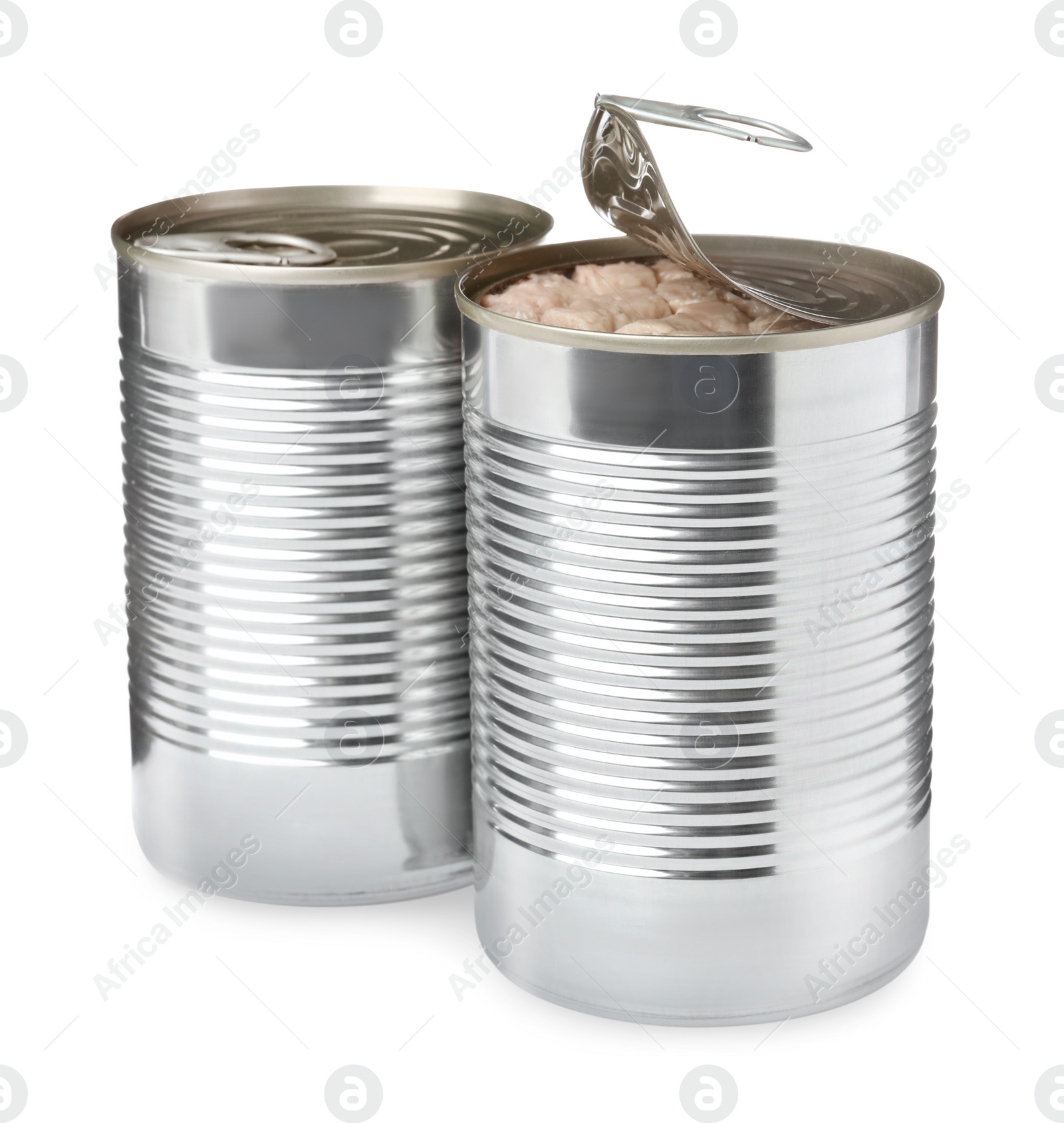 Photo of Tin cans of wet pet food on white background