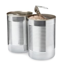 Tin cans of wet pet food on white background