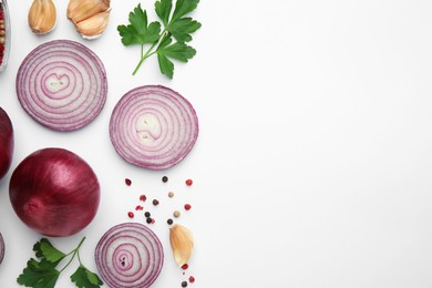 Photo of Fresh red onions, garlic, parsley and spices on white background, flat lay. Space for text