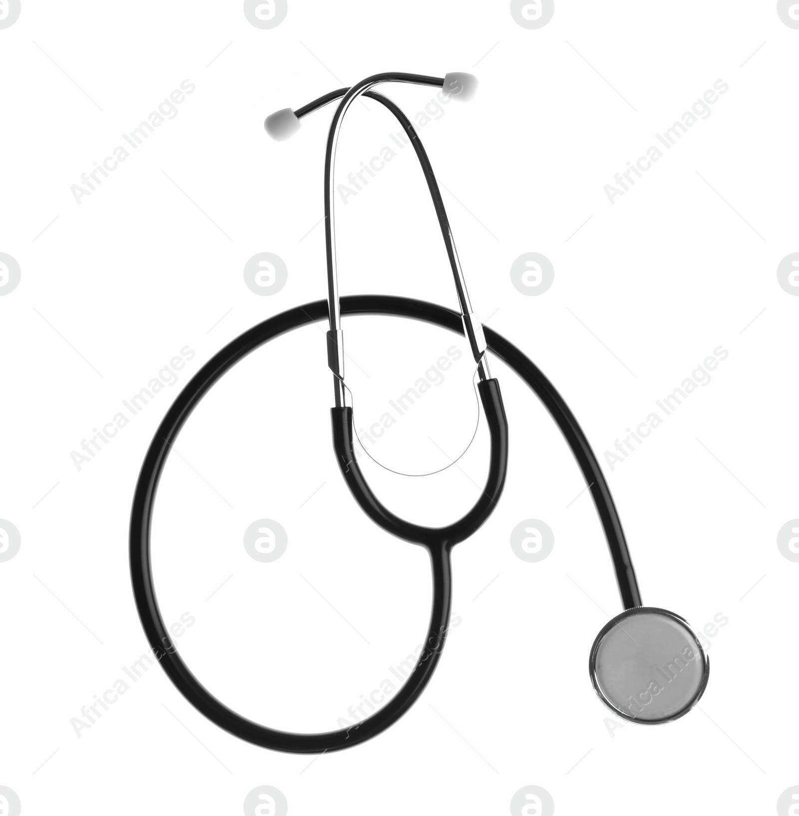 Photo of Stethoscope on white background, top view. Medical device