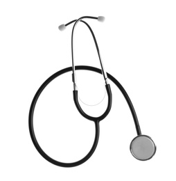 Photo of Stethoscope on white background, top view. Medical device