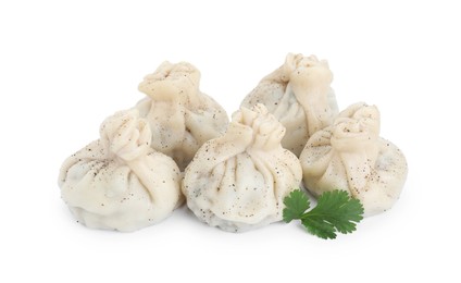 Tasty khinkali (dumplings) and spices isolated on white. Georgian cuisine