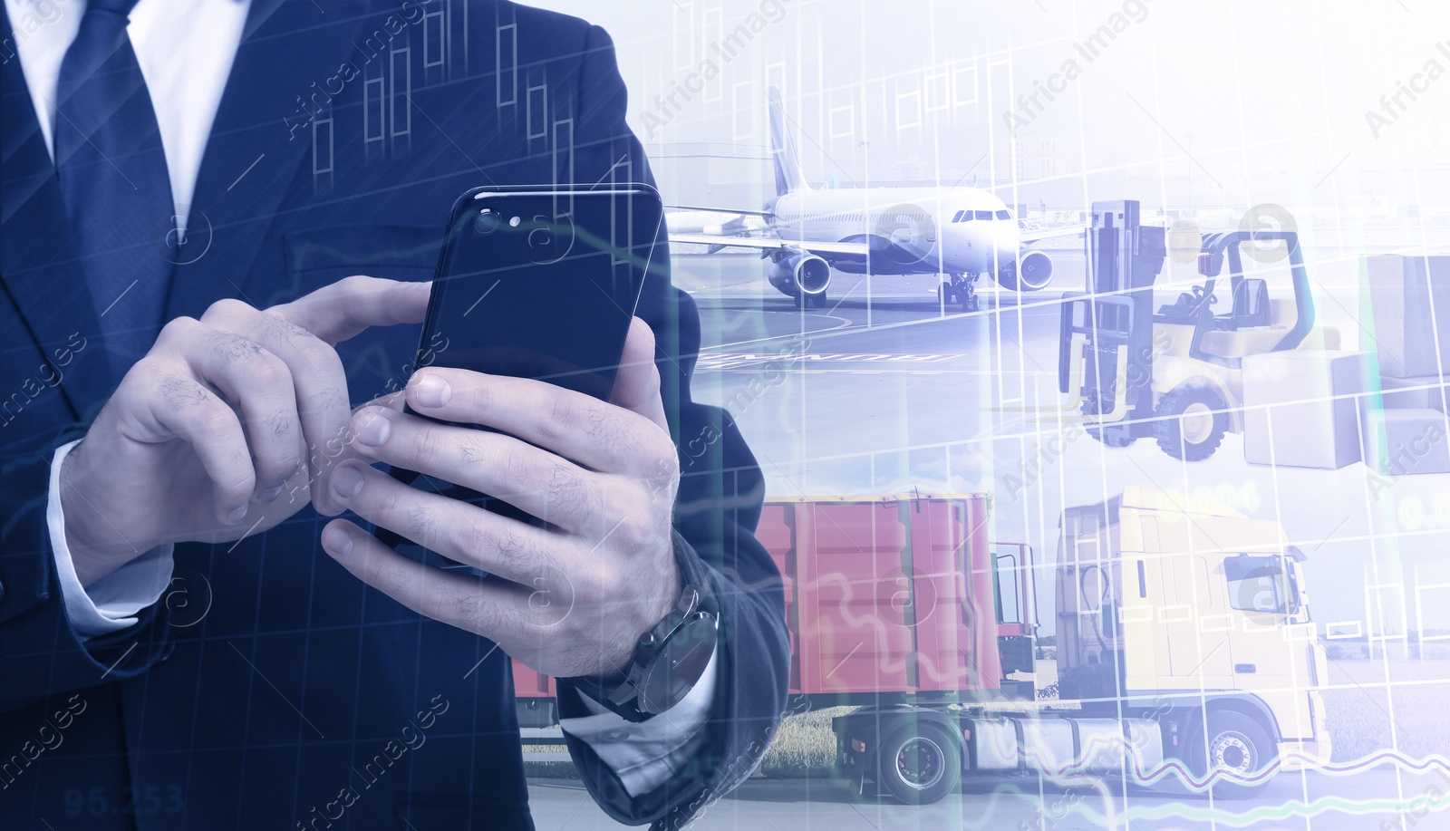 Image of Multiple exposure of businessman with smartphone and different transports. Logistics